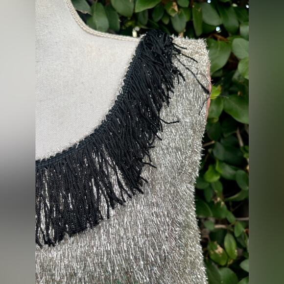 60s Vintage Silver Eyelash Tinsel Mini Dress with Black Fringe - Picture 5 of 15